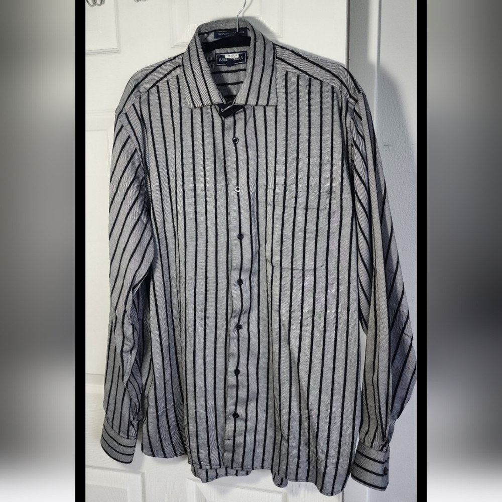 Paul Frederick dress shirt men sz LT black/white stripe front pocket 100% cotton